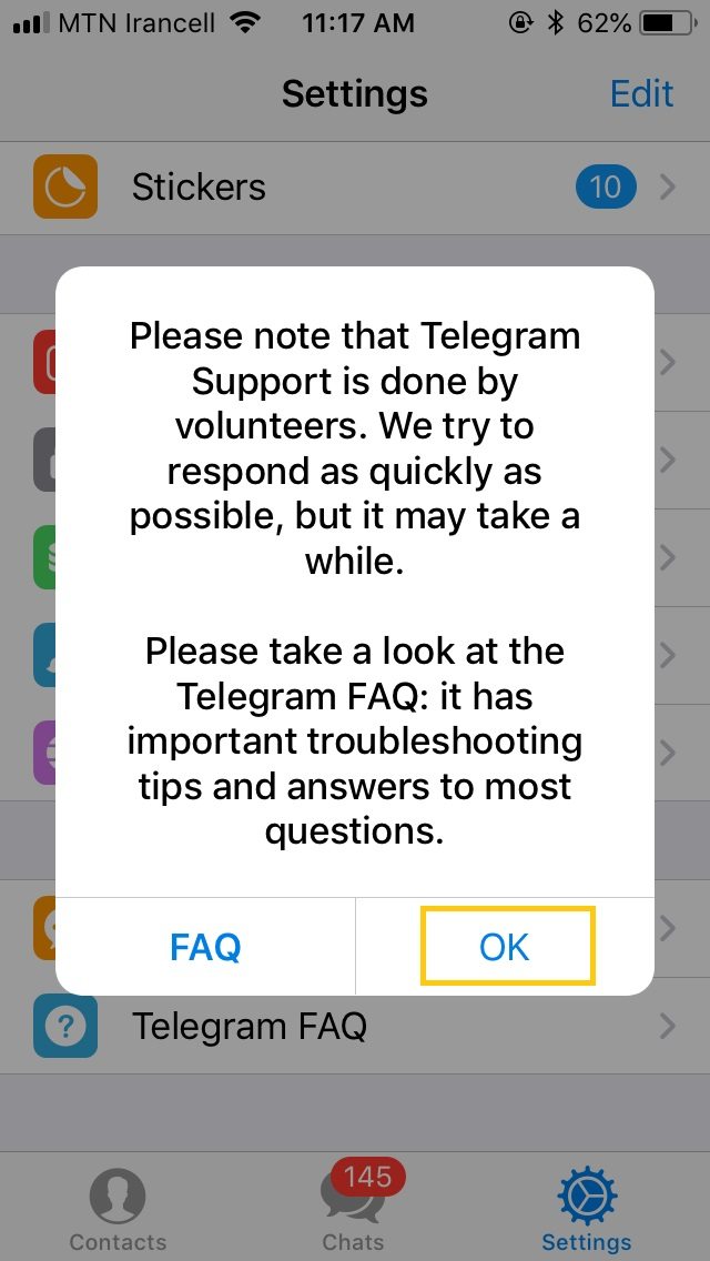 تماس با پشتیبانی تلگرام