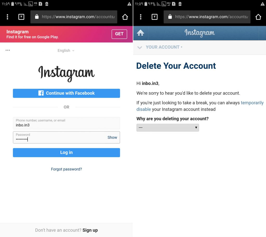 Delete and Diactive account Instagram